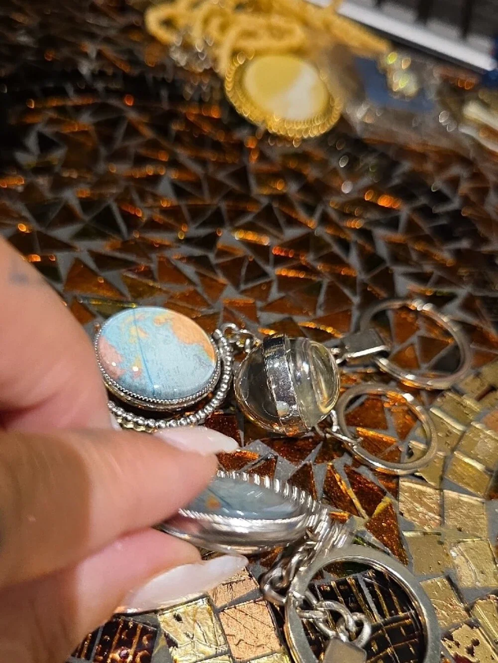 Source Unknown Silver Keychain with Iridescent Multicolor Pendant